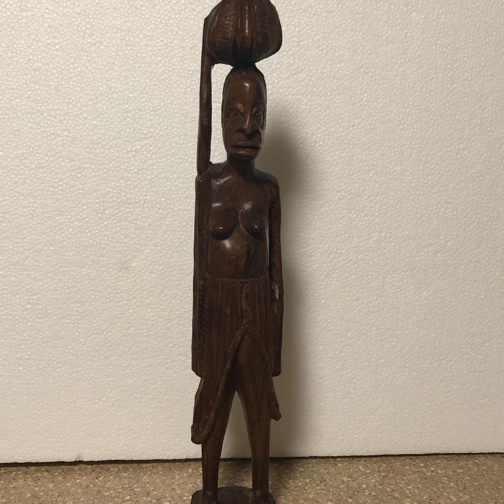 African Woman Hand-Carving Wooden Carrying A Calabash (gourd) On Her Head  17”